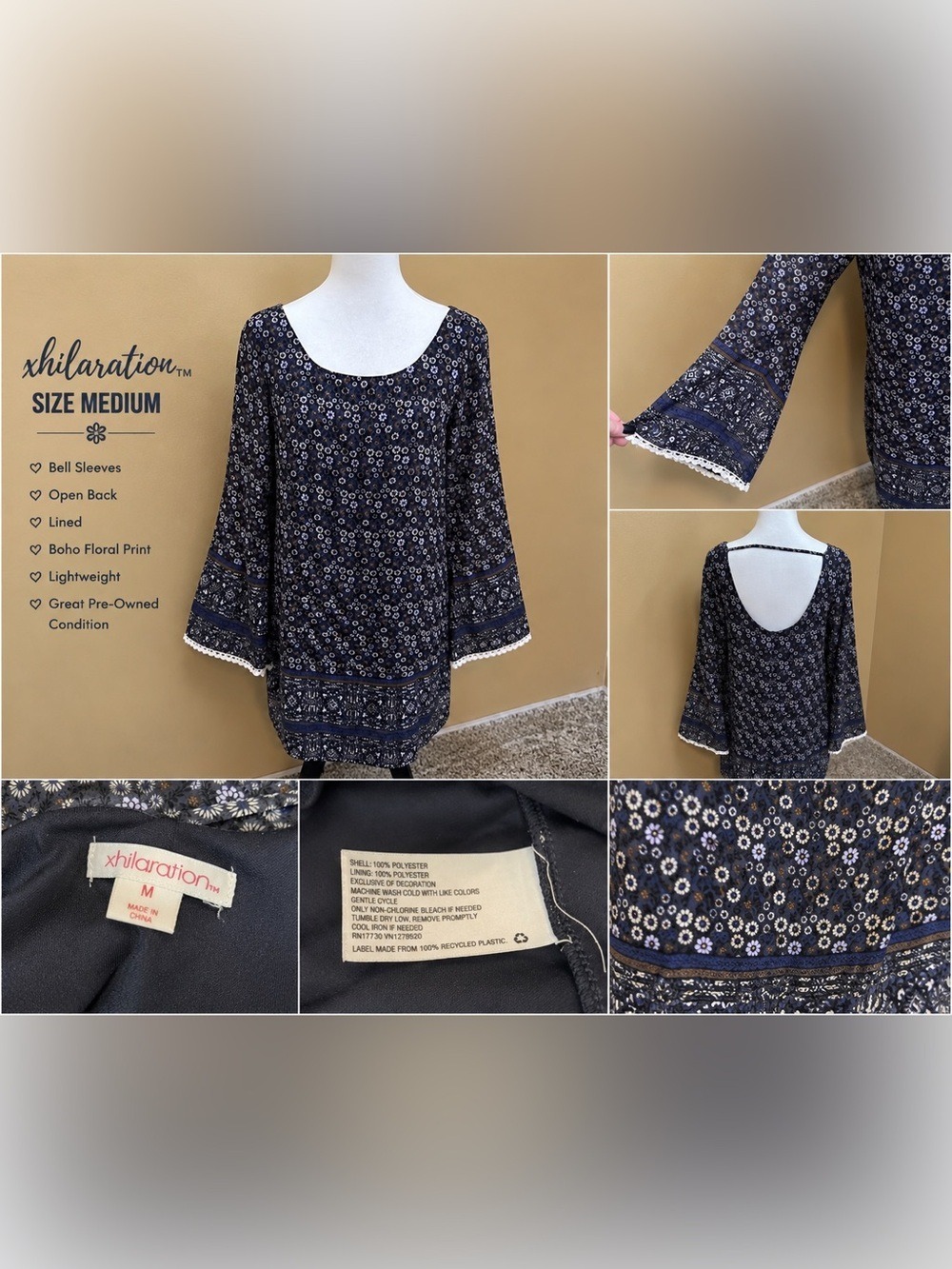 Xhilaration Floral Bell Sleeve Shift Dress Boho Open Back Size Medium
